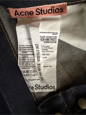 Acne Studios 2021M New RawDark Indigo Denim Jeans with Tan Leather Patch